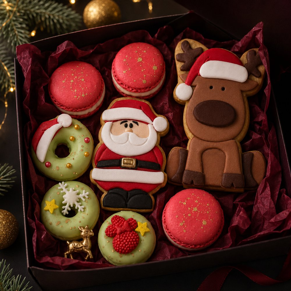 Caja completa con la propuesta navideña: macarons, donas y cookies